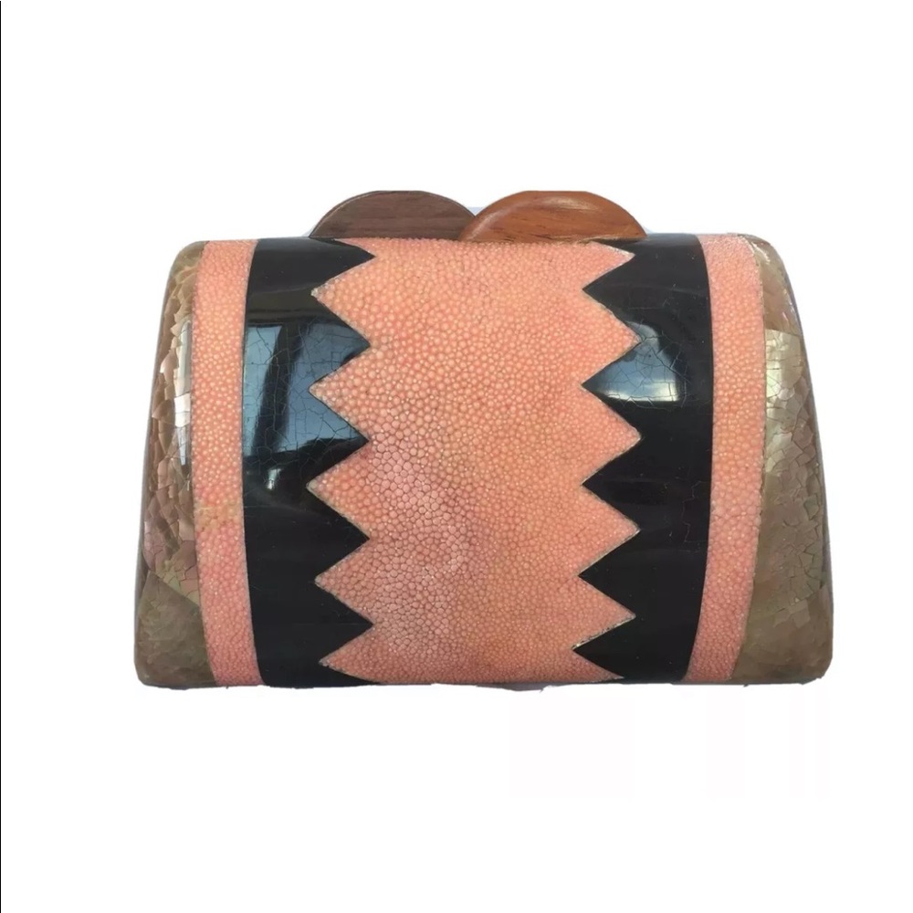 New Handmade Minaudière Clutch Shagreen Leather Inlaid Mother Of Pearl Shell
